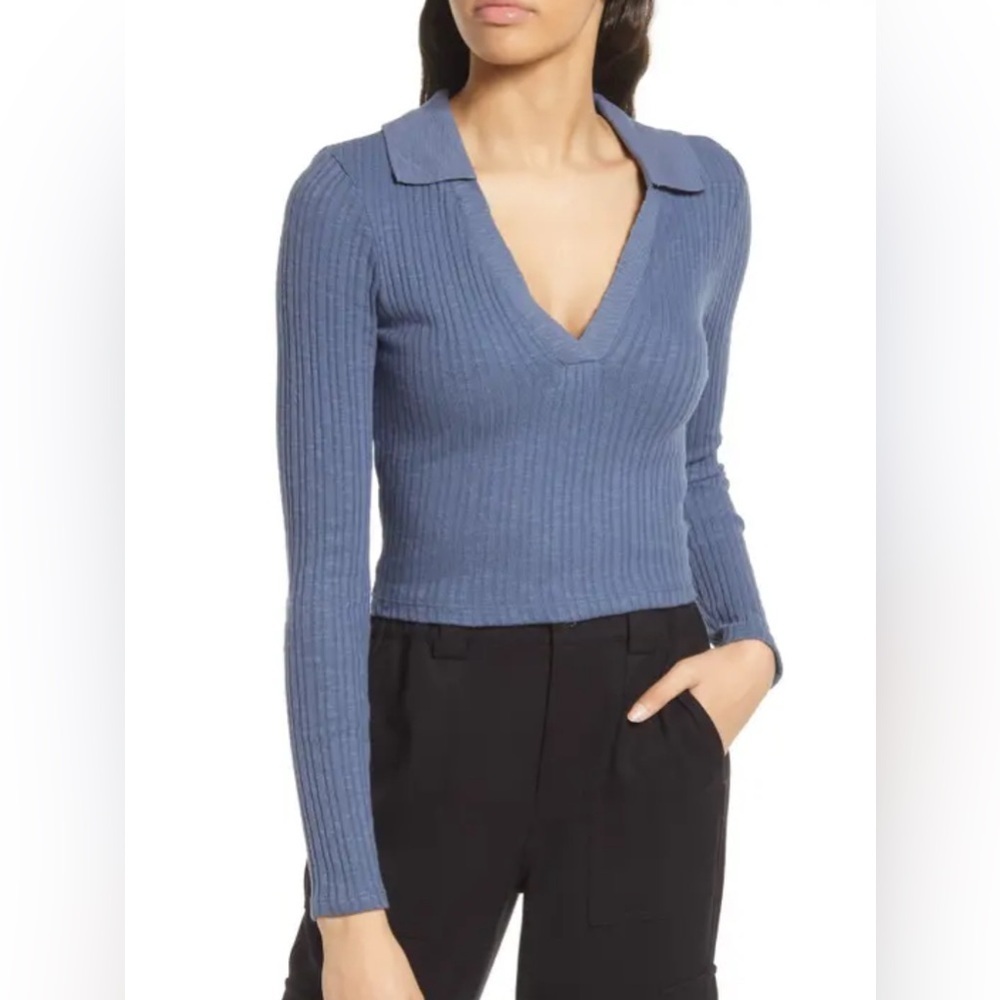 BDG Urban Outfitters Rosie Crop Top Polo Sweater Top Blue Women Medium NEW 584